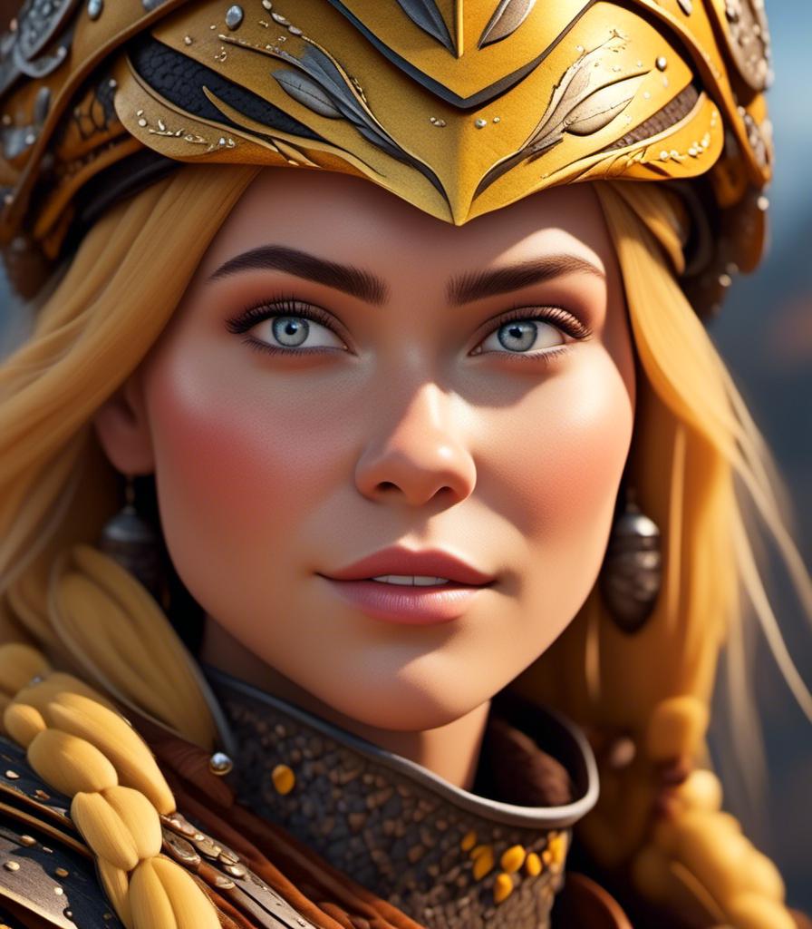 Prompt: <mymodel>CGI Animation, digital art, 20-year-old-old viking woman with light blue eyes, yellow mask over her eyes, yellow clothes, gold colored armor, blonde straight hair, subtle smile, unreal engine 8k octane, 3d lighting, close up camera shot on the face, full armor