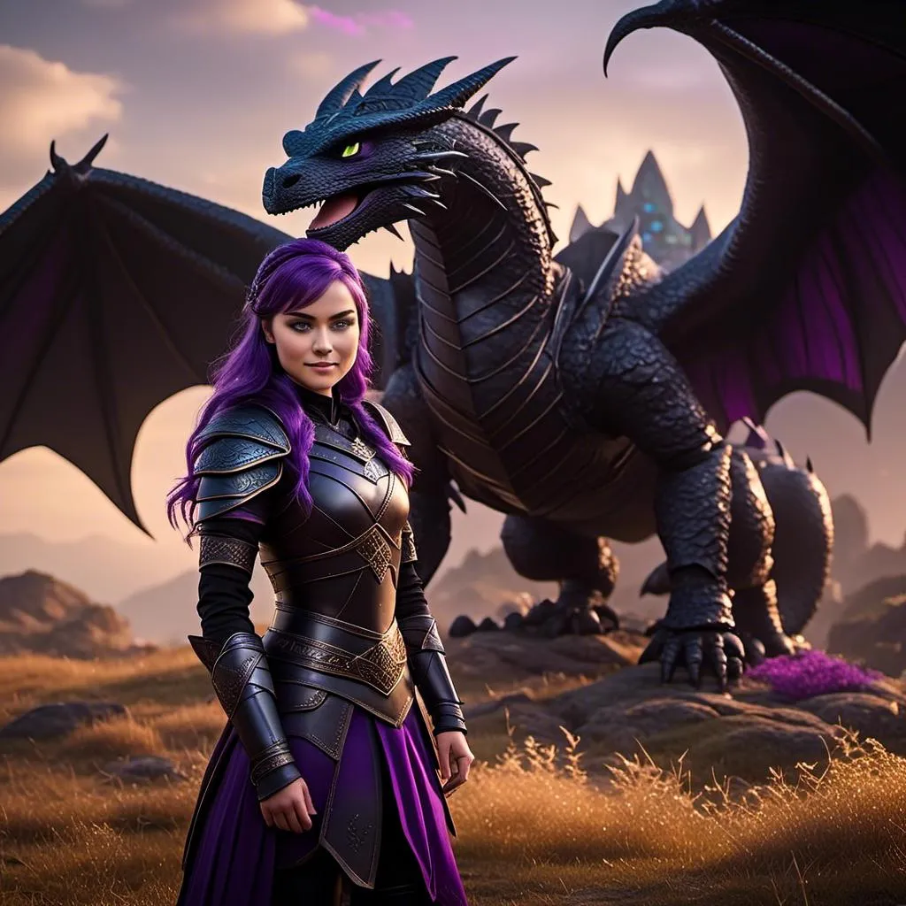 Prompt: Photo of <mymodel> standing next to her ((black)) razorwhip dragon from "How to Train Your Dragon"