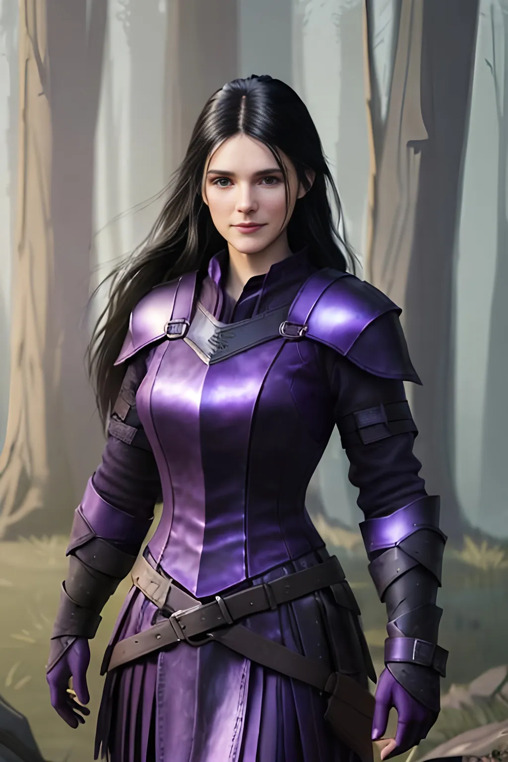 Prompt: Digital Art, 25-year-old viking woman, purple gear, purple clothes, subtle smile, black straight hair, dark purple eyes, a dark purple long-sleeve shirt, textured skirt down to knees, dark purple pants, dark purple armor, long black hair with volume, middle part in hair, leather boots, dark purple gear, unreal engine 64k octane, hdr, 3d lighting, full body, full armor