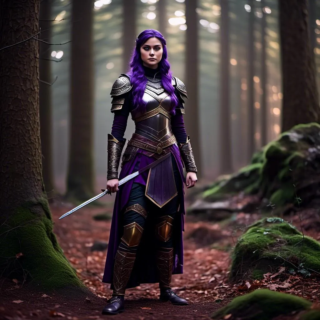 Prompt: A photo of <mymodel> standing in a forest with her sword drawn ready for a fight