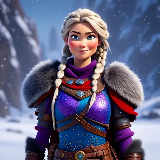 Prompt: <mymodel>CGi Animation, 25-year-old viking woman warrior with blue eyes, a snowy scene, the viking woman has a subtle smile, purple dreadlocks and braids in her hair, she has red gear, gold armor with bursts of blue textured splotches, black pants, black boots