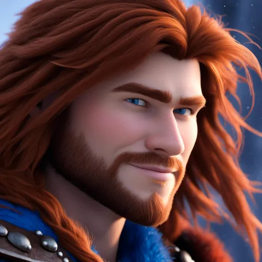 Prompt: <mymodel>Animated CGI style of a light build Caucasian Viking with brown hair, intense gaze, realistic red fur and  blue clothing textures, high quality, CGI, realistic, intense gaze, viking, male, Caucasian, detailed facial features, fur textures, highres, professional, intense lighting