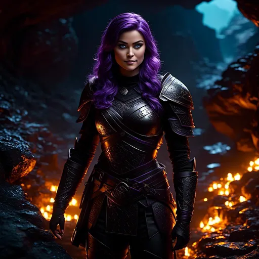 Prompt: <mymodel>25-year-old viking woman, subtle smile, light blue eyes, black gear, bright black armor, black textures and highlights, standing in a dimly lit cave with glowing algae, short focus, blurry background, unreal engine 8k octane, 3d lighting, full body, full armor