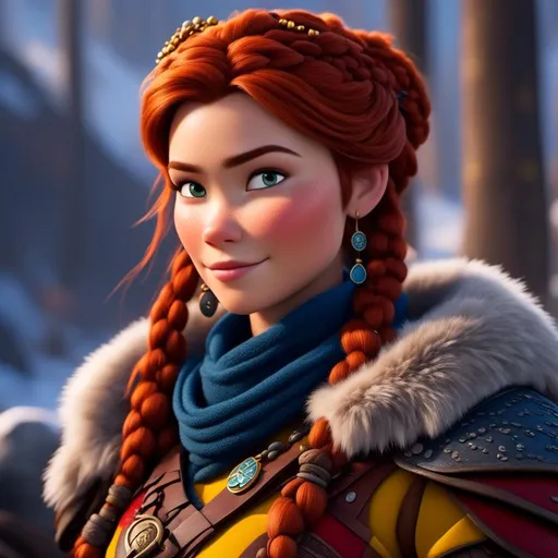 Prompt: <mymodel>CGI Animation, close-up portrait of the face, 20-year-old-old pirate viking woman sitting on a snow bank, a snowy scene, {{yellow gear, blue armor}}, hazel red hair, an updo style of hair with a faded buzz cut on the side of the head, subtle smile, beads hair, small red earrings, multiple braids, yellow gear, straight hair, green eyes, bracelets, rings on fingers, mercenary gear, unreal engine 8k octane, 3d lighting, close up camera shot on the face, full armor