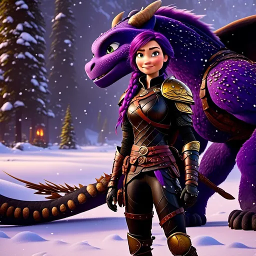 Prompt: Photo of <mymodel> standing next to her ((black)) razorwhip dragon from How to Train Your Dragon in the snow, viking warrior, purple hair, single braid down her shoulder, black gear, gold armor, black pants, gold boots