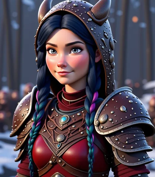 Prompt: <mymodel>CGI Animation, digital art, 20-year-old-old viking woman with violet eyes, Dark red Long sleeve shirt, skirt with dragon teeth on it, wears the snow wraith hood, ((dark dark blue hair with teal, pink and purple streaks)), subtle smile, unreal engine 8k octane, 3d lighting, close up camera shot on the face, full armor