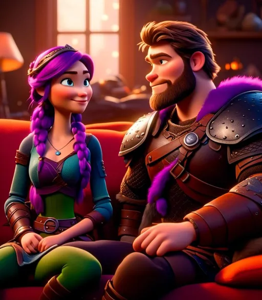 Prompt: <mymodel>CGI Animation, digital art, 20-year-old-old viking woman with light blue eyes, sitting on the couch in the living room next to her husband with brown hair and green gear, purple hair with purple strands, single braid down her shoulder with a tiara, subtle smile, unreal engine 8k octane, 3d lighting, close up camera shot on the face, full armor