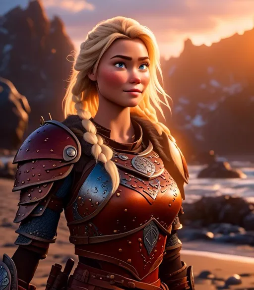 Prompt: <mymodel>CGI Animation, digital art, 20-year-old-old viking woman with light blue eyes standing around several hot springs on a beach, sunset lighting, blue clothes, blue colored armor, blonde straight hair, subtle smile, unreal engine 8k octane, 3d lighting, cinematic lighting, camera shot of full armor from head to toe