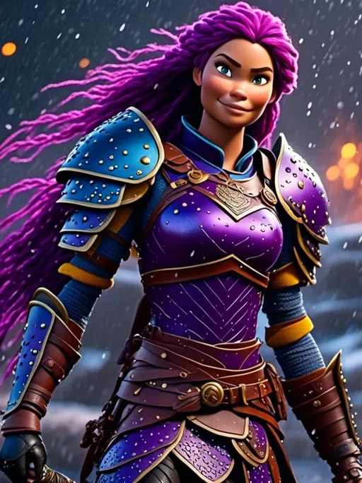 Prompt: Photo of <mymodel> standing in a heavy rain, viking warrior, in an intense sword battle with Einar Verodfellar, she has {{((light blue eyes))}}, purple hair, single braid down her shoulder, purple gear, gold armor, purple pants, gold boots, full body shot, 16K unreal engine octane