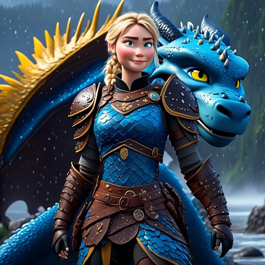 Prompt: <mymodel>CGi Animation, 20-year-old viking woman with blue eyes, a rainy scene, she is standing next to a bright blue dragon with gold highlights, they are both in the rain, the viking woman has a subtle smile, blonde hair in a ponytail style, she has blue gear, gold armor, black pants, black boots