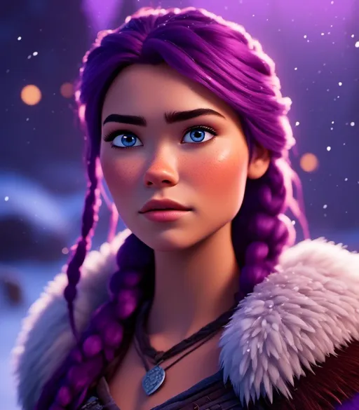 Prompt: <mymodel>CGI Animation, digital art, 20-year-old-old viking woman with light blue eyes, she looks very sad and angry, standing in a battle arena at night in the snow, purple hair with purple strands, single braid down her shoulder with a tiara, unreal engine 8k octane, 3d lighting, close up camera shot on the face, full armor