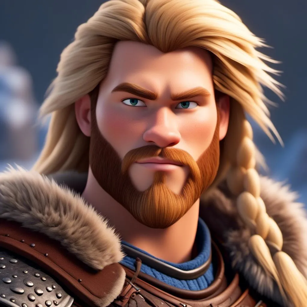 Prompt: <mymodel>Animated CGI style of a fierce Caucasian Viking with blonde hair, intense gaze, realistic fur and clothing textures, high quality, CGI, realistic, intense gaze, viking, male, Caucasian, detailed facial features, fur textures, highres, professional, intense lighting