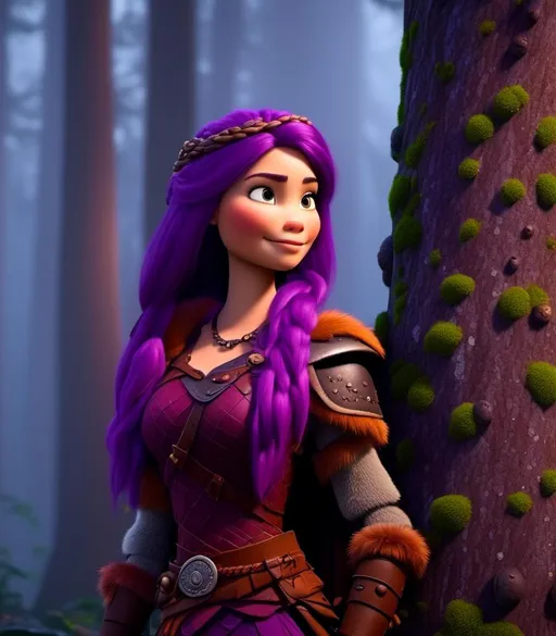 Prompt: <mymodel>CGI Animation, digital art, 20-year-old-old viking woman of royalty standing next to a tree with her hands resting on the bark, she is in a dimly lit thick forest with trees everywhere, dense fog, light blue eyes, {{black gear, purple armor}}, purple hair, single braid down her shoulder with a tiara, subtle smile, unreal engine 8k octane, 3d lighting, close up camera shot on the face, full armor