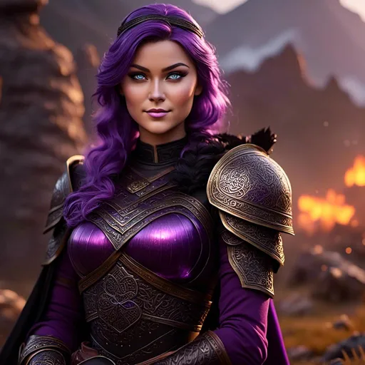 Prompt: <mymodel>CGi Animation, 25-year-old viking woman, subtle smile, light blue eyes, black gear, bright purple armor, black textures and highlights, unreal engine 8k octane, 3d lighting, full body, full armor