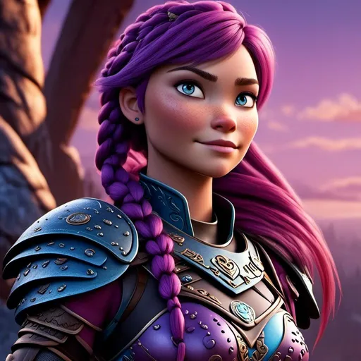 Prompt: <mymodel>CGI Animation of a viking female, purple hair in a single braid, light blue eyes, purple and black gear and armor, intricate details, high quality, digital painting, cool tones, dramatic lighting