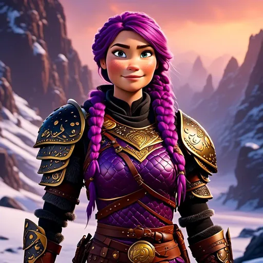 Prompt: Photo of <mymodel> standing in the snow, viking warrior, light blue eyes, purple hair, single braid down her shoulder, black gear, gold armor, black pants, gold boots