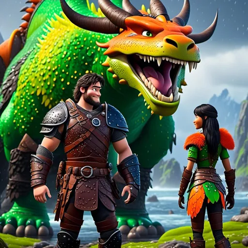 Prompt: <mymodel>CGi Animation, 20-year-old viking man with blue eyes, a rainy scene, the viking man has a subtle smile, black hair, he has red gear, orange armor, black pants, black boots, he is standing next to a bright green dragon with orange highlights, they are both in the rain, 