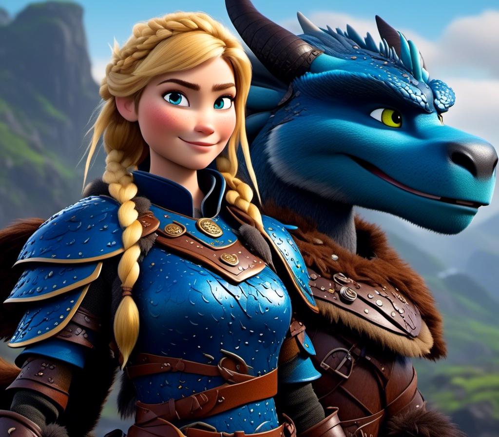 Prompt: <mymodel>CGi Animation, 20-year-old viking woman with blue eyes, a rainy scene, she is standing next to a bright blue dragon with gold highlights, they are both in the rain, the viking woman has a subtle smile, blonde hair in a ponytail style, she has blue gear, gold armor, black pants, black boots