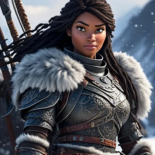 Prompt: <mymodel>animated CGI style, caucasian white, black hair, viking female warrior, detailed braided hair and battle scars, rugged and weathered armor, intense and determined gaze, snowy and rugged landscape, fierce, warrior, detailed hair, battle scars, snowy landscape, intense gaze, weathered armor, dramatic lighting