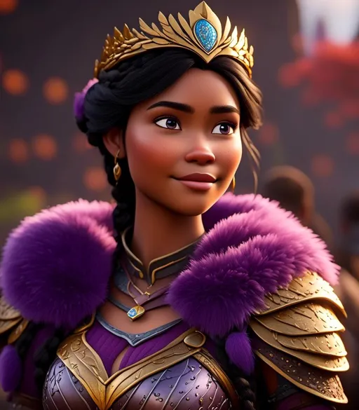 Prompt: <mymodel>CGI Animation, digital art, 20-year-old-old viking woman with light blue eyes, purple clothes, gold colored armor, black hair with black strands, single braid down her shoulder with a tiara, subtle smile, unreal engine 8k octane, 3d lighting, close up camera shot on the face, full armor