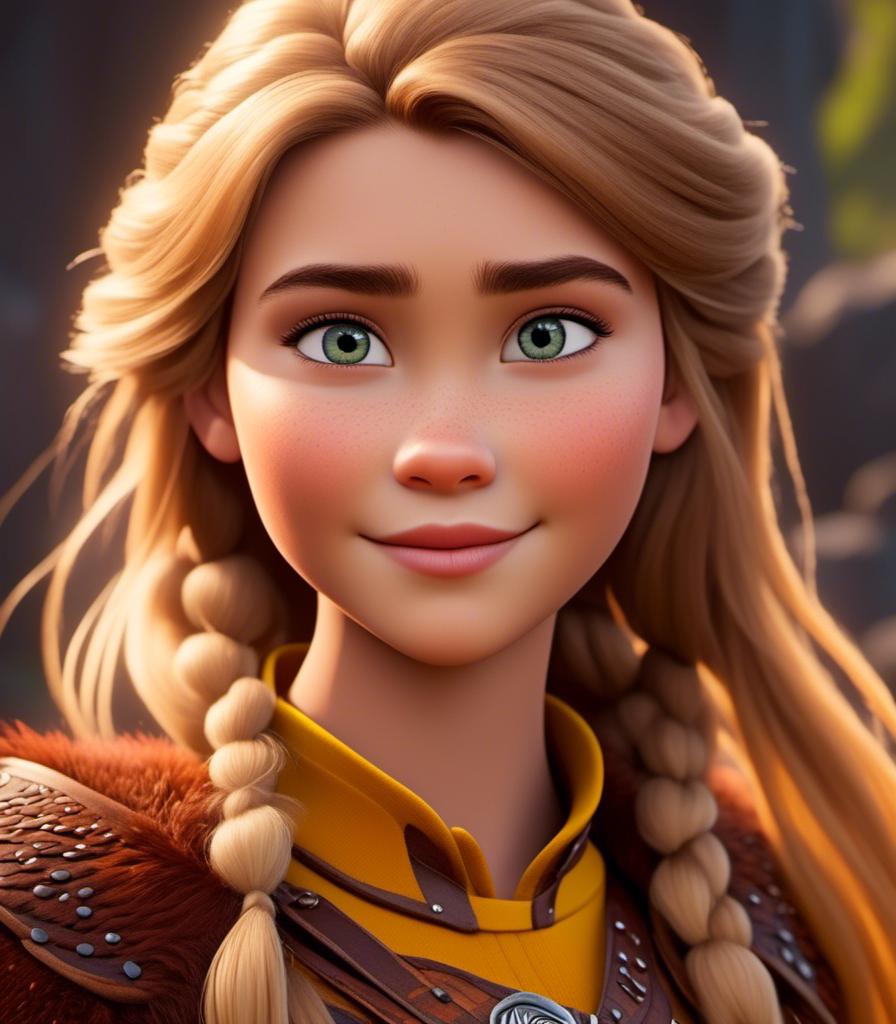 Prompt: <mymodel>CGI Animation, digital art, 20-year-old-old viking woman with light blue eyes standing with her older brother of brown hair and green eyes and young sister of brown hair and brown eyes, yellow clothes, gold colored armor, blonde straight hair, subtle smile, unreal engine 8k octane, 3d lighting, close up camera shot on the face, full armor