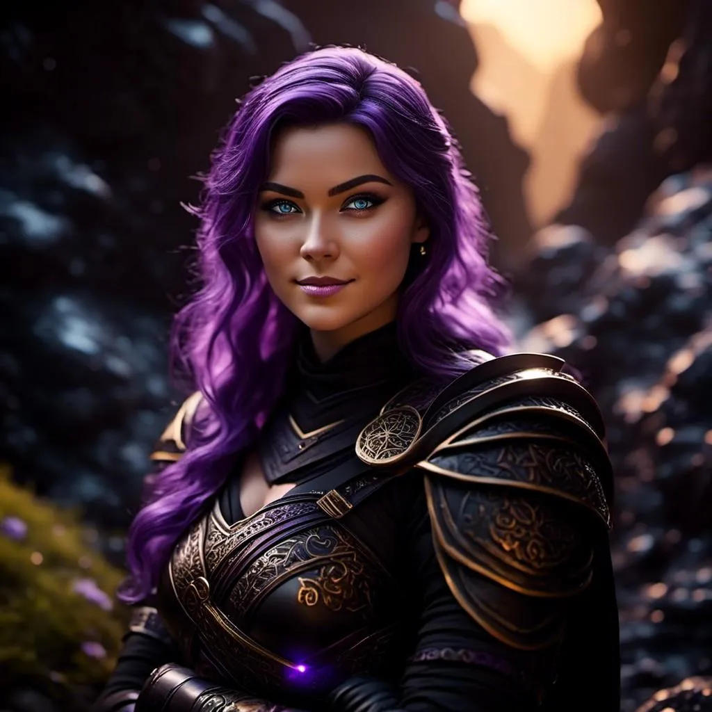 Prompt: <mymodel>25-year-old viking woman, subtle smile, light blue eyes, black gear, bright black armor, black textures and highlights, standing in a dimly lit cave with glowing algae, short focus, blurry background, unreal engine 8k octane, 3d lighting, full body, full armor