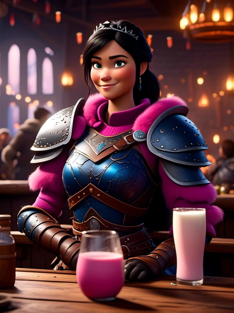 Prompt: <mymodel>CGI Animation, digital art, 20-year-old-old viking woman of royalty standing a busy tavern having a drink of milk, {{pink gear, blue armor}}, black hair, straight hair with a tiara, subtle smile, unreal engine 8k octane, 3d lighting, close up camera shot on the face, full armor