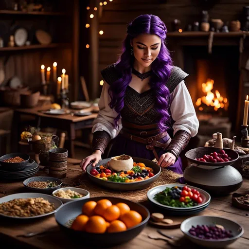 Prompt: Photo of <mymodel> setting the supper table with food prepared for two in her viking house