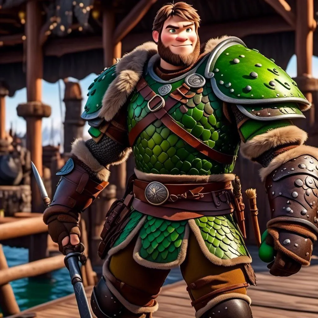 Prompt: <mymodel>Male viking warrior, thin and light muscle build, standing on the viking docks, there is a green dragon next to him, short brown hair, green eyes, green armor, brown gear, brown pants, brown boots, historical, strong and natural lighting