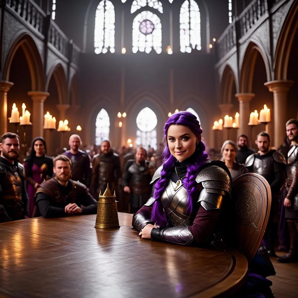 Prompt: Photo of <mymodel> sitting at a table in The Great Hall amongst other vikings from How to Train Your Dragon
