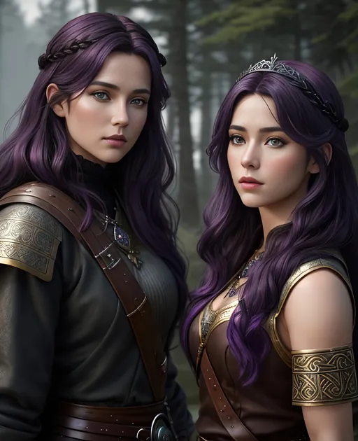 Prompt: create 2 of the most beautiful fictional female viking princesses one with dark purple hair and the other with black hair, also create a distinguished viking male prince with brown hair, an extremely detailed environment, detailed background, intricate, detailed skin, professionally color graded, photorealism, 8k, moody lighting