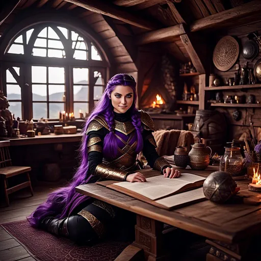 Prompt: Photo of <mymodel> with no armor casually relaxing sitting at a desk in her viking house