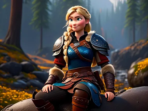 Prompt: <mymodel>CGi Animation, 20-year-old viking woman with blue eyes, ((she is wearing a tiara)), a rainy scene, she is sitting on a boulder in a forest, the viking woman has a subtle smile with it pouring down rain, blonde hair in a ponytail style, she has blue gear, gold armor, black pants, black boots