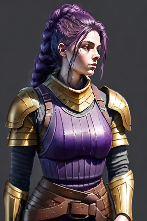 Prompt: Digital art, 20-year-old woman viking, dark purple hair, a single braid draping down the side of her right shoulder, black gear, gold armor, unreal engine 8k octane, 3d lighting, full body, full armor