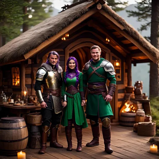 Prompt: Photo of <mymodel> standing in her hut with her husband Jarl Everson who is 24-years old who has brown (((short)) wavy hair and green gear