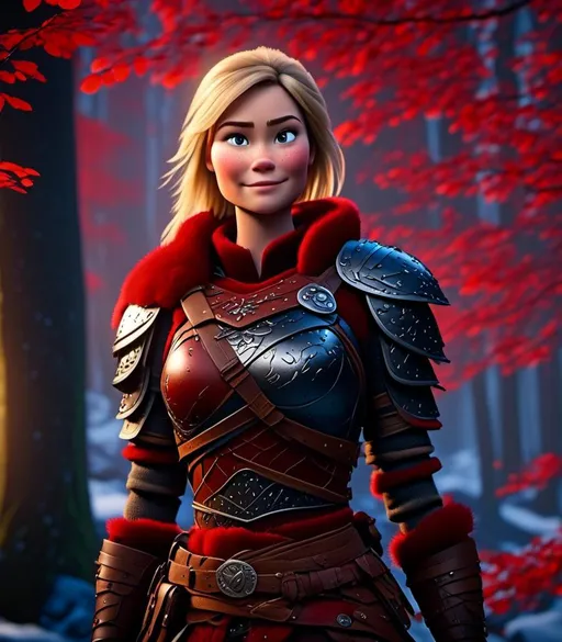 Prompt: <mymodel>CGI Animation, digital art, 20-year-old-old viking woman with light blue eyes standing in a dimly lit forest, blue assassin's creed clothes, red colored armor, blonde straight hair, subtle smile, unreal engine 8k octane, 3d lighting, cinematic lighting, camera shot of full armor from head to toe