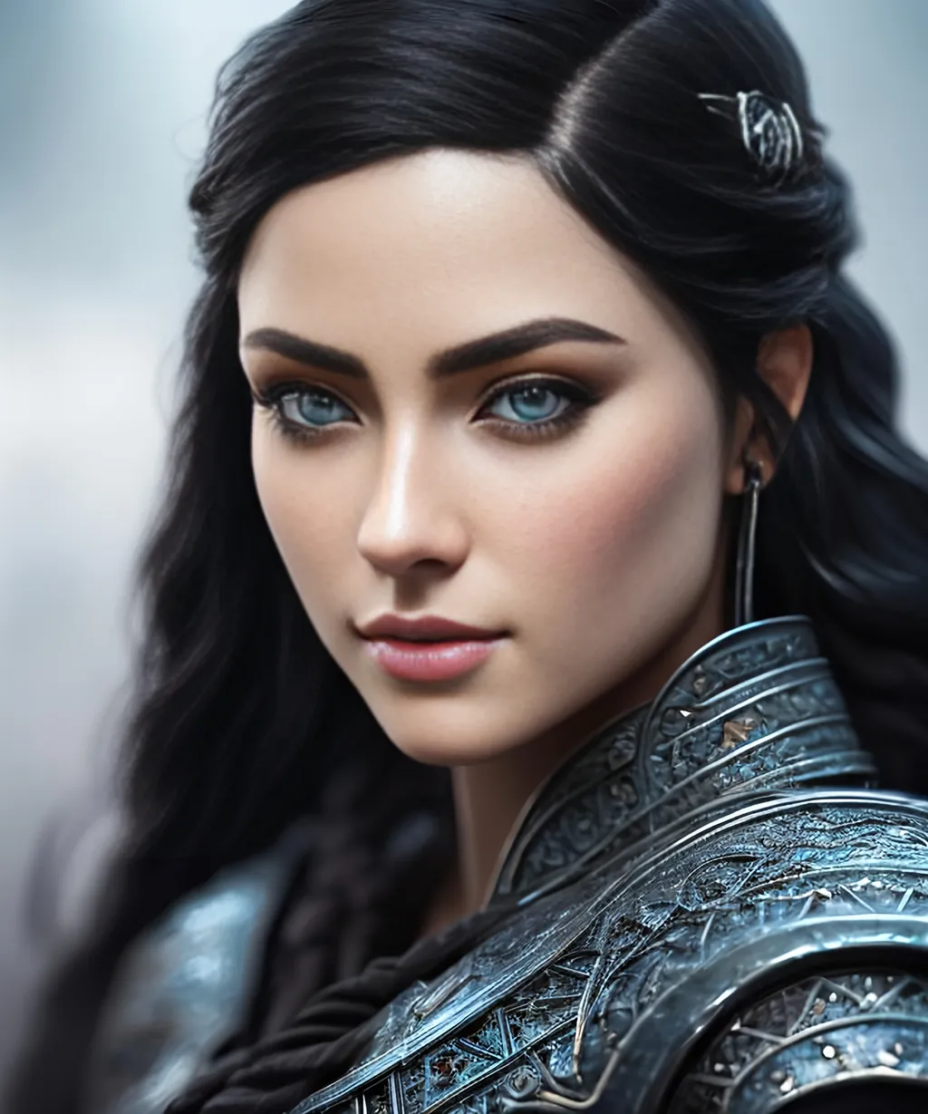 Prompt: she has black hair, create most beautiful fictional female viking princess warrior, black hair, light blue eyes, extremely detailed environment, detailed background, intricate, detailed skin, professionally color graded, photorealism, 8k, moody lighting