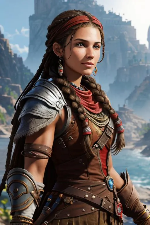 Prompt: Digital Art, 20-year-old pirate woman, red bandana around hair above forehead, looking at camera, muscular build, brown gear, brown pants, assassin's creed Odyssey armor, jeweled hair band, brunette hair, dreadlocks, subtle smile, beads hair, small red earrings, multiple braids, straight hair, blue eyes, bracelets, rings on fingers, mercenary gear, unreal engine 8k octane, 3d lighting, full body, full armor