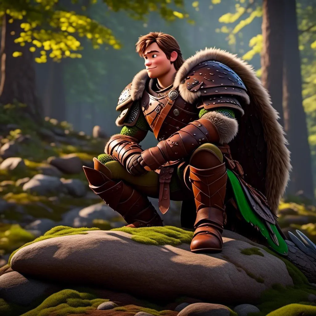 Prompt: <mymodel>Male viking warrior, thin and light muscle build, sitting on a boulder in the forest, there is a large green dragon with a flat body build standing next to the viking, viking has short brown hair, green eyes, green armor, brown gear, brown pants, brown boots, historical, strong and natural lighting, 8K octane, unreal engine