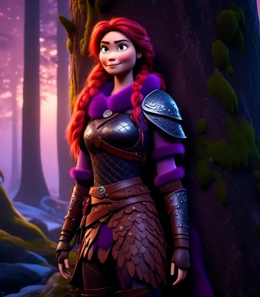 Prompt: <mymodel>CGI Animation, digital art, 20-year-old-old viking woman of royalty standing at night next to a tree with her hands resting on the bark, she is in a dimly lit thick forest with trees everywhere, dense fog, light blue eyes, {{black gear, purple armor}}, purple hair, single braid down her shoulder with a tiara, subtle smile, unreal engine 8k octane, 3d lighting, close up camera shot on the face, full armor