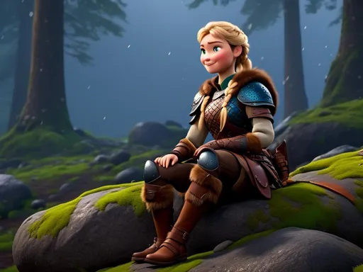 Prompt: <mymodel>CGi Animation, 20-year-old viking woman with blue eyes, a rainy scene, she is sitting on a boulder in a forest with it raining, the viking woman has a subtle smile, blonde hair in a ponytail style, she has blue gear, gold armor, black pants, black boots