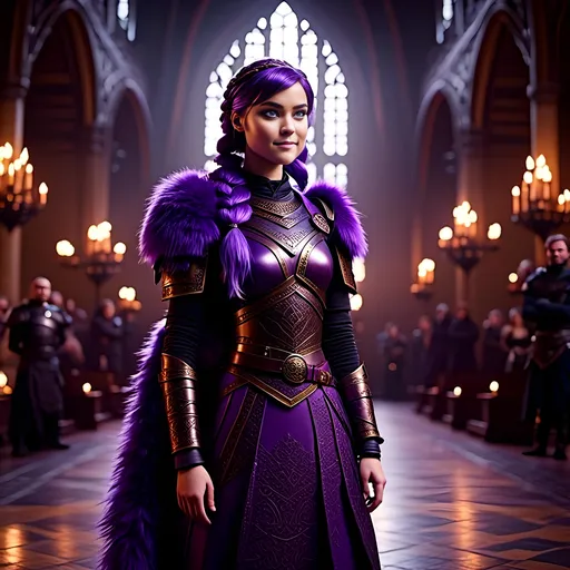 Prompt: A photo of <mymodel> with a heavy purple fur tunic in The Great Hall from How to Train Your Dragon, ((she has a single hair braid down her shoulder))