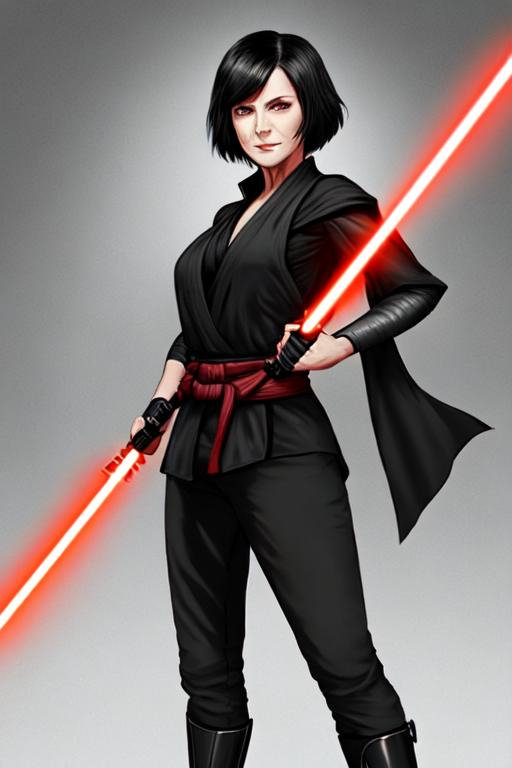 Prompt: A woman Sith lord, with black short-length hair, a subtle smile, a black short sleeve shirt, a black vest past the waist, a black belt, black pants, black boots, two lightsabers one red and one light pink