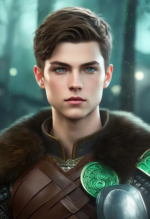 Prompt: he has short brown hair, create most handsome fictional male prince viking warrior, short brown hair, light green eyes, extremely detailed environment, detailed background, intricate, detailed skin, professionally color graded, photorealism, 16k, moody lighting