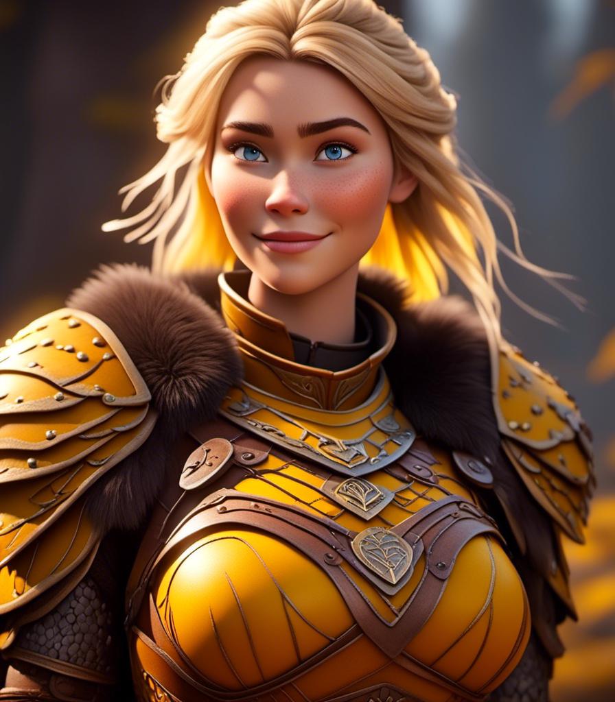 Prompt: <mymodel>CGI Animation, digital art, 20-year-old-old viking woman with light blue eyes, yellow mask over her eyes, yellow clothes, gold colored armor, blonde straight hair, subtle smile, unreal engine 8k octane, 3d lighting, full armor