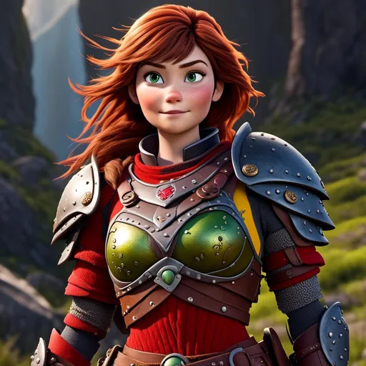 Prompt: <mymodel>CGI Animation of a viking female, brown hair, bright red gear and armor, yellow highlights and textures, green eyes, intricate details, high quality, digital painting, cool tones, dramatic lighting