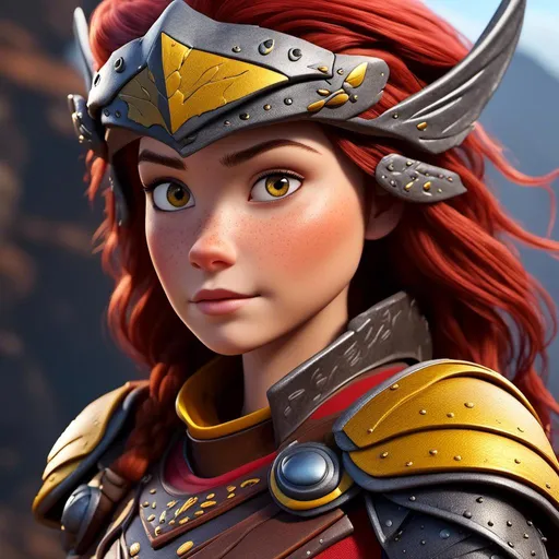 Prompt: <mymodel>CGI Animation of a viking female, brown hair, hazel eyes, bright red gear and armor, yellow highlights and textures, intricate details, high quality, digital painting, cool tones, dramatic lighting