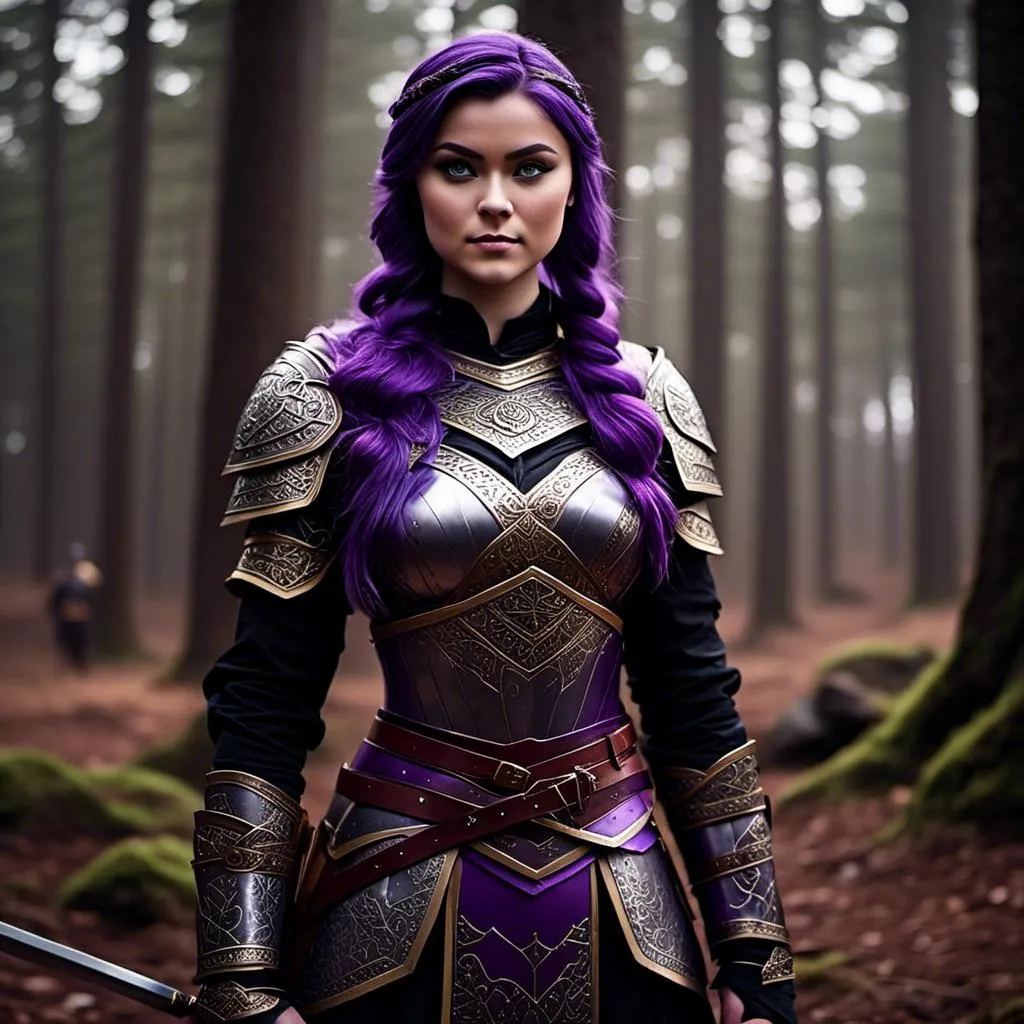 Prompt: A photo of <mymodel> standing in a forest with her sword drawn ready for a fight