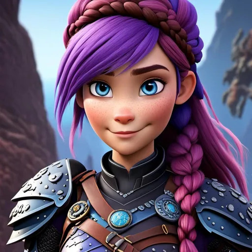 Prompt: <mymodel>CGI Animation of a viking female, purple hair in a single braid, light blue eyes, black gear and armor, intricate details, high quality, digital painting, cool tones, dramatic lighting