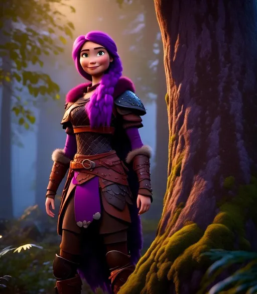 Prompt: <mymodel>CGI Animation, digital art, 20-year-old-old viking woman of royalty standing at night next to a tree with her hands resting on the bark, she is in a dimly lit thick forest with trees everywhere, dense fog, light blue eyes, {{black gear, purple armor}}, purple hair, single braid down her shoulder with a tiara, subtle smile, unreal engine 8k octane, 3d lighting, close up camera shot on the face, full armor